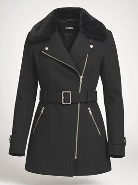 H&M Black Faux Fur Collar Coat Double Breasted Tailored Winter Coat Size XSP